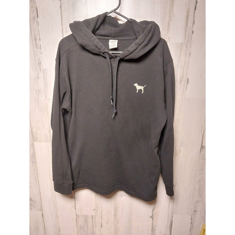 Victoria's Secret PINK Bling Fleece Campus Hoodie Black Silver Dog Logo Large